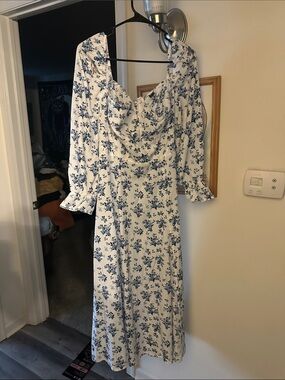 White and Blue Floral Midi Dress